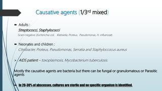 Causative agents (1/3rd mixed)
 Adults :
Streptococci, Staphylococci
Gram-negative (Escherichia coli, Klebsiella, Proteus, Pseudomonas, H. influenzae)
 Neonates and children :
Citrobacter, Proteus, Pseudomonas, Serratia and Staphyloccocus aureus
 AIDS patient – toxoplasmosis, Mycobacterium tuberculosis.
Mostly the causative agents are bacteria but there can be fungal or granulomatous or Parasitic
agents
 In 20-30% of abscesses, cultures are sterile and no specific organism is identified.
 