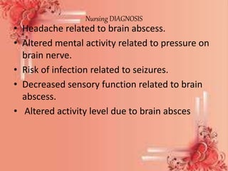 Nursing DIAGNOSIS
• Headache related to brain abscess.
• Altered mental activity related to pressure on
brain nerve.
• Risk of infection related to seizures.
• Decreased sensory function related to brain
abscess.
• Altered activity level due to brain absces
 