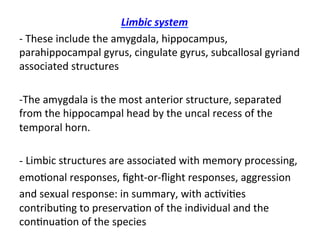 Limbic	system	
-	These	include	the	amygdala,	hippocampus,	
parahippocampal	gyrus,	cingulate	gyrus,	subcallosal	gyriand	
associated	structures	
	
-The	amygdala	is	the	most	anterior	structure,	separated	
from	the	hippocampal	head	by	the	uncal	recess	of	the	
temporal	horn.	
	
-	Limbic	structures	are	associated	with	memory	processing,	
emoHonal	responses,	ﬁght-or-ﬂight	responses,	aggression	
and	sexual	response:	in	summary,	with	acHviHes	
contribuHng	to	preservaHon	of	the	individual	and	the	
conHnuaHon	of	the	species
 