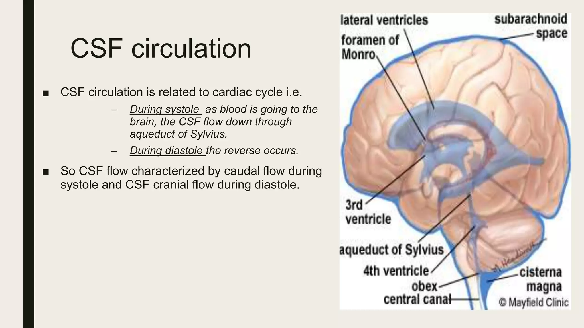 CSF circulation
■ CSF circulation is related to cardiac cycle i.e.
– During systole as blood is going to the
brain, the CSF flow down through
aqueduct of Sylvius.
– During diastole the reverse occurs.
■ So CSF flow characterized by caudal flow during
systole and CSF cranial flow during diastole.
 