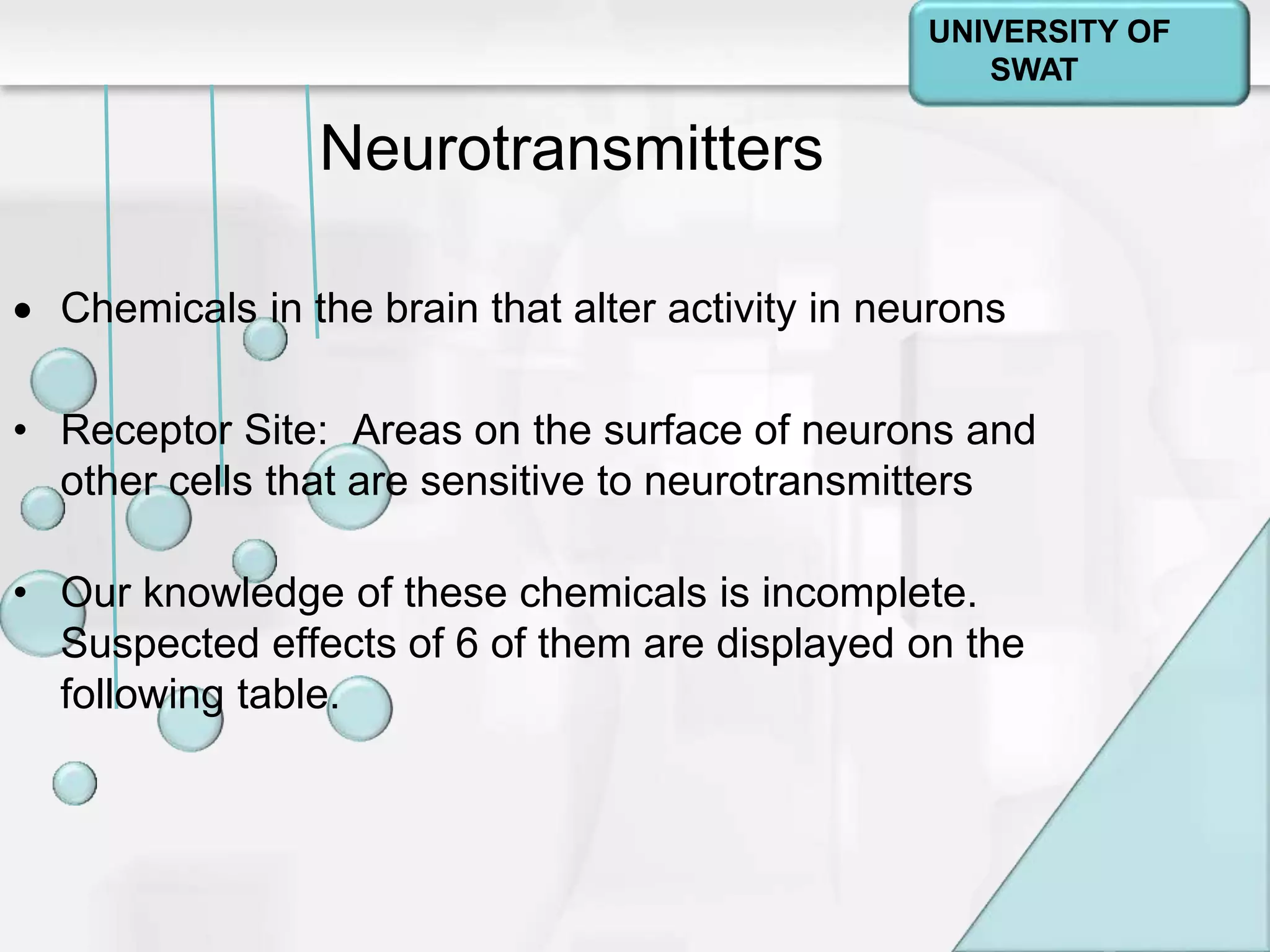 Psychology: A Journey
Chapter 2
Neurotransmitters
 Chemicals in the brain that alter activity in neurons
• Receptor Site: Areas on the surface of neurons and
other cells that are sensitive to neurotransmitters
• Our knowledge of these chemicals is incomplete.
Suspected effects of 6 of them are displayed on the
following table.
UNIVERSITY OF
SWAT
 