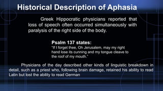Historical Description of Aphasia
Greek Hippocratic physicians reported that
loss of speech often occurred simultaneously with
paralysis of the right side of the body.
Psalm 137 states:
“If I forget thee, Oh Jerusalem, may my right
hand lose its cunning and my tongue cleave to
the roof of my mouth.”
Physicians of the day described other kinds of linguistic breakdown in
detail, such as a priest who, following brain damage, retained his ability to read
Latin but lost the ability to read German
 