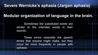 Severe Wernicke’s aphasia (Jargon aphasia)
Modular organization of language in the brain.
Sometimes the substituted words are
similar to the intended words in their
sounds.
These errors resemble the speech
errors that anyone might make, but they
occur far more frequently in people with
aphasia.
 