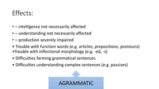 Effects:
• – intelligence not necessarily affected
• – understanding not necessarily affected
• – production severely impaired
• Trouble with function words (e.g. articles, prepositions, pronouns)
•Trouble with inflectional morphology (e.g. -ed, -s)
• Difficulties forming grammatical sentences
• Difficulties understanding complex sentences (e.g. passives)
AGRAMMATIC
 