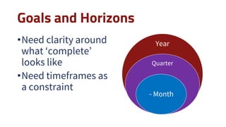 Goals and Horizons
•Need clarity around
what ‘complete’
looks like
•Need timeframes as
a constraint
Year
Quarter
~ Month
 