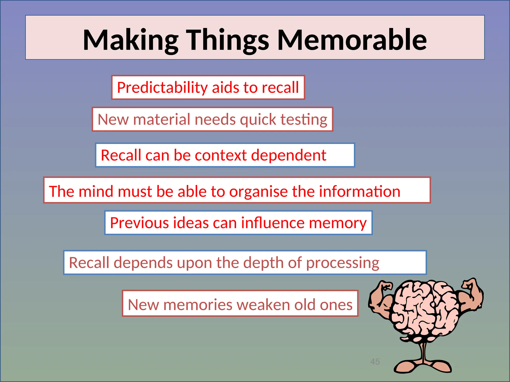 45
Making Things Memorable
Recall depends upon the depth of processing
New material needs quick testing
Predictability aids to recall
Previous ideas can influence memory
Recall can be context dependent
New memories weaken old ones
The mind must be able to organise the information
 
