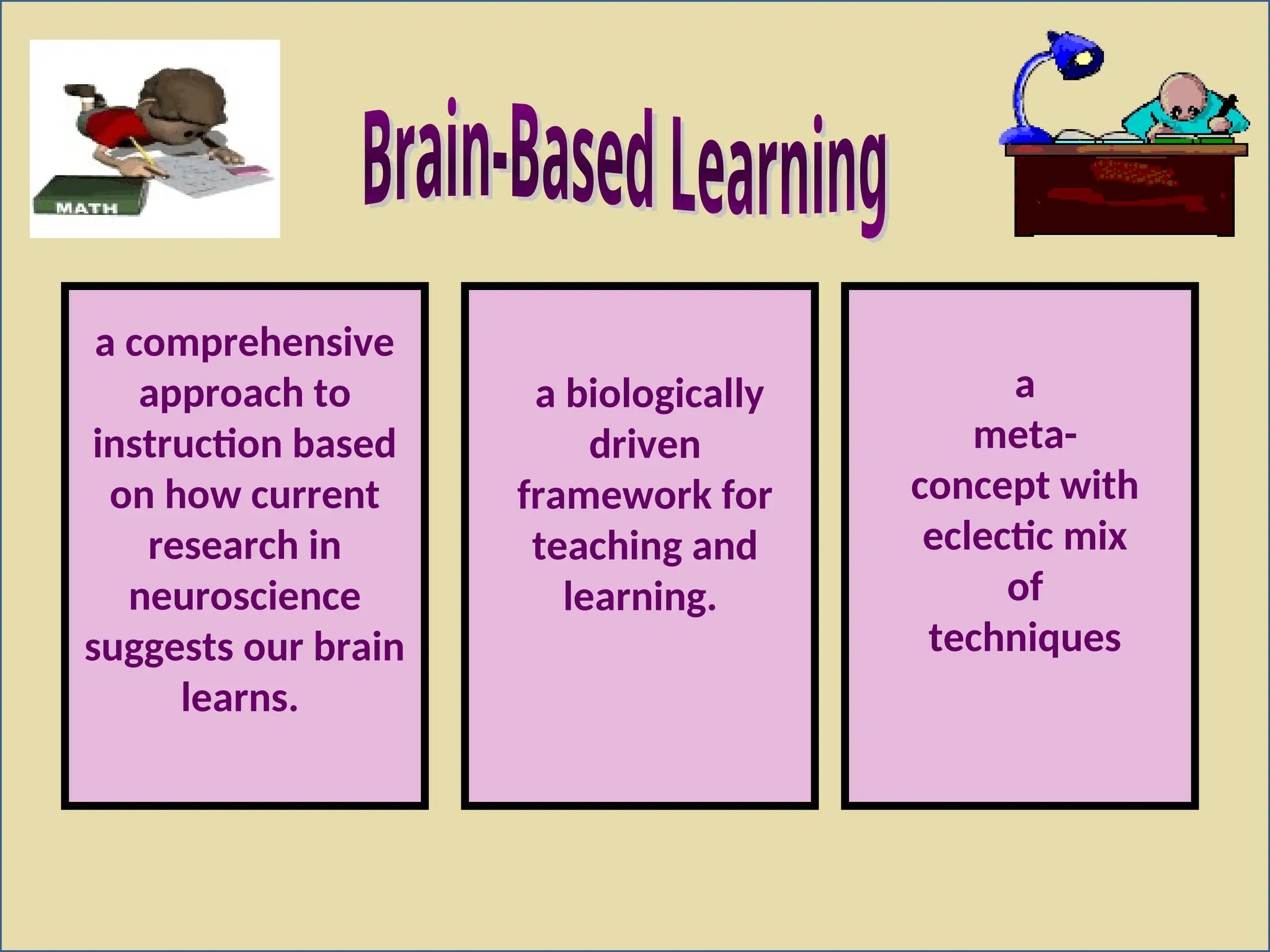 a comprehensive
approach to
instruction based
on how current
research in
neuroscience
suggests our brain
learns.
a biologically
driven
framework for
teaching and
learning.
a
meta-
concept with
eclectic mix
of
techniques
 