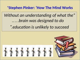 Stephen Pinker: ‘How The Mind Works
’
“
Without an understanding of what the
brain was designed to do
..…
education is unlikely to succeed
”.
 