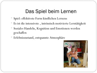 Das Spiel beim Lernen Spiel: effektivste Form kindlichen Lernens Es ist die intensivste , intrinsisch motivierte Lerntätigkeit Soziales Handeln, Kognition und Emotionen werden geschaffen Erlebniszustand, entspannte Atmosphäre 