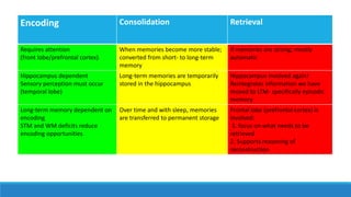 Encoding Consolidation Retrieval
Requires attention
(front lobe/prefrontal cortex)
When memories become more stable;
converted from short- to long-term
memory
If memories are strong; mostly
automatic
Hippocampus dependent
Sensory perception must occur
(temporal lobe)
Long-term memories are temporarily
stored in the hippocampus
Hippocampus involved again!
Reintegrates information we have
moved to LTM- specifically episodic
memory
Long-term memory dependent on
encoding
STM and WM deficits reduce
encoding opportunities
Over time and with sleep, memories
are transferred to permanent storage
Frontal lobe (prefrontal cortex) is
involved:
1. focus on what needs to be
retrieved
2. Supports reasoning of
reconstruction
 