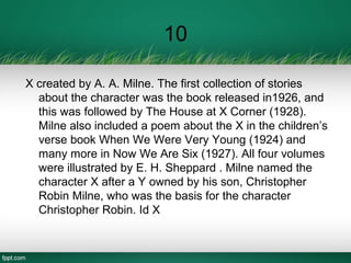 10
X created by A. A. Milne. The first collection of stories
about the character was the book released in1926, and
this was followed by The House at X Corner (1928).
Milne also included a poem about the X in the children’s
verse book When We Were Very Young (1924) and
many more in Now We Are Six (1927). All four volumes
were illustrated by E. H. Sheppard . Milne named the
character X after a Y owned by his son, Christopher
Robin Milne, who was the basis for the character
Christopher Robin. Id X
 