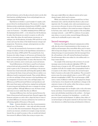 and stress hormones, such as the glucocorticoid cortisol, can also alter   these gases simply diffuse into adjacent neurons and act upon
brain function, including learning. Severe and prolonged stress can        chemical targets, which may be enzymes.
cause permanent brain damage.                                                   While exact functions for carbon monoxide have not been
     Reproduction in females is a good example of a regular, cyclic        determined, nitric oxide has already been shown to play several
process driven by circulating hormones: The neurons in the hypo-           important roles. For example, nitric oxide neurotransmission gov-
thalamus produce gonadotropin-releasing hormone (GnRH), a peptide          erns erection in the penis. In nerves of the intestine, it governs the
that acts on cells in the pituitary. In both males and females, this       relaxation that contributes to the normal movements of digestion.
causes two hormones — the follicle-stimulating hormone (FSH) and           In the brain, nitric oxide is the major regulator of the intracellular
the luteinizing hormone (LH) — to be released into the bloodstream.        messenger molecule — cyclic GMP. In conditions of excess gluta-
In males, these hormones are carried to receptors on cells in the          mate release, as occurs in stroke, neuronal damage following the
testes, where they release the male hormone testosterone, an               stroke may be attributable in part to nitric oxide.
androgen, into the bloodstream. In females, FSH and LH act on the
ovaries and cause the release of the female hormones estrogen and          Second messengers
progesterone. Testosterone, estrogen, and progesterone are often                Substances that trigger biochemical communication within
referred to as sex hormones.                                               cells, after the action of neurotransmitters at their receptors, are
     In turn, the increased levels of testosterone in males and            called second messengers; these intracellular effects may be respon-
estrogen in females act back on the hypothalamus and pituitary to          sible for long-term changes in the nervous system. They convey the
decrease the release of FSH and LH. The increased levels of sex            chemical message of a neurotransmitter (the first messenger) from
hormones also induce changes in cell structure and chemistry that          the cell membrane to the cell’s internal biochemical machinery.
lead to an increased capacity to engage in sexual behavior. Sex hor-       Second-messenger effects may endure for a few milliseconds to as
mones also exert widespread effects on many other functions of the         long as many minutes.
brain such as attention, motor control, pain, mood, and memory.                 An example of the initial step in the activation of a second-
     Sexual differentiation of the brain is caused by sex hormones         messenger system involves adenosine triphosphate (ATP), the
acting in fetal and early postnatal life, although recent evidence         chemical source of energy in cells. ATP is present throughout the
points to genes on the Y chromosome contributing to this process.          cytoplasm of all cells. For example, when norepinephrine binds to
Scientists have found statistically and biologically significant differ-   its receptors on the surface of the neuron, the activated receptor
ences between the brains of men and women that are similar to sex          binds a G protein on the inside of the membrane. The activated G
differences found in experimental animals. These include differenc-        protein causes the enzyme adenylyl cyclase to convert ATP to cyclic
es in the size and shape of brain structures in the hypothalamus and       adenosine monophosphate (cAMP). The second messenger, cAMP,
the arrangement of neurons in the cortex and hippocampus. Sex              exerts a variety of influences within the cell, ranging from changes
differences go well beyond sexual behavior and reproduction and            in the function of ion channels in the membrane to changes in the
affect many brain regions and functions, ranging from mechanisms           expression of genes in the nucleus, rather than acting as a messen-
for perceiving pain and dealing with stress to strategies for solving      ger between one neuron and another.
cognitive problems. Although differences exist, the brains of men               Second messengers also are thought to play a role in the manu-
and women are more similar than they are different.                        facture and release of neurotransmitters and in intracellular move-
     Anatomical differences have also been reported between the            ments and carbohydrate metabolism in the cerebrum — the largest
brains of heterosexual and homosexual men. Research suggests that          part of the brain, consisting of two hemispheres — as well as the
hormones and genes act early in life to shape the brain in terms of        processes of growth and development. In addition, direct effects of
sex-related differences in structure and function, but scientists are      second messengers on the genetic material of cells may lead to long-
still putting together all the pieces of this puzzle.                      term alterations in cellular functioning and ultimately in behavior.
     gases     Scientists identified a new class of neurotransmitters
that are gases. These molecules — nitric oxide and carbon monoxide
— do not act like other neurotransmitters. Being gases, they are not
stored in any structure, certainly not in synaptic storage structures.
Instead, they are made by enzymes as they are needed and released
from neurons by diffusion. Rather than acting at receptor sites,



soCiety For neurosCienCe                                                                                     the neuron    | Brain FaCts            9
 