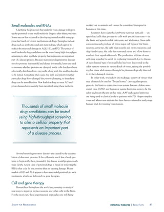 Small molecules and RNas                                                  worked out in animals and cannot be considered therapies for
     Clarifying the processes that underlie brain damage will open        humans at this time.
up the potential to use small-molecule drugs to alter these processes.         Scientists have identified embryonic neuronal stem cells — un-
Some success has occurred in developing animal models using ap-           specialized cells that give rise to cells with specific functions — in
proaches based on known mechanisms of drugs. Examples include             the brain and spinal cord of embryonic and adult mice. Stem cells
drugs such as antibiotics and anti-tumor drugs, which appear to           can continuously produce all three major cell types of the brain:
reduce the neuronal damage in ALS, HD, and PD. Thousands of               neurons; astrocytes, the cells that nourish and protect neurons; and
small molecule drug candidates can be tested using high-throughput        oligodendrocytes, the cells that surround axons and allow them to
screening to alter a cellular property that represents an important       conduct their signals efficiently. The production abilities of stem
part of a disease process. Because many neurodegenerative diseases        cells may someday be useful for replacing brain cells lost to disease.
involve proteins that misfold and clump abnormally, lasers are used       A more limited type of stem cell also has been discovered in the
to measure whether proteins are clumped inside cells that have been       adult nervous system in various kinds of tissue, raising the possibil-
robotically distributed into tiny wells, along with the small molecules   ity that these adult stem cells might be pharmacologically directed
to be tested. A machine then scans the wells and reports whether          to replace damaged neurons.
particular drugs have changed the protein clumping, so that these              In other work, researchers are studying a variety of viruses that
drugs can be tested further. New leads for drugs to treat AD and          may ultimately be used as “Trojan horses,” carrying therapeutic
prion diseases have recently been described using these methods.          genes to the brain to correct nervous system diseases. Adeno-asso-
                                                                          ciated virus (AAV) and human or equine lentivirus seem to be the
                                                                          safest and most efficient at this time. AAV and equine lentivirus
                                                                          are being used in clinical trials in patients with PD. Herpes simplex
                                                                          virus and adenovirus vectors also have been evaluated in early-stage
                                                                          human trials for treating brain tumors.
         Thousands of small molecule
        drug candidates can be tested
       using high-throughput screening
        to alter a cellular property that
         represents an important part
             of a disease process.



     Several neurodegenerative diseases are caused by the accumu-
lation of abnormal proteins. If the cells made much less of such pro-
teins to begin with, then presumably the disease would progress much
more slowly. A new class of potential drugs is based on removing the
RNAs that code for the proteins that are causing damage. Mouse
models of HD and ALS appear to have responded positively to such
treatments, which are delivered via gene therapies.


Cell and gene therapy
     Researchers throughout the world are pursuing a variety of
new ways to repair or replace neurons and other cells in the brain.
For the most part, these experimental approaches are still being



soCiety For neurosCienCe                                                                            potential therapies   | Brain FaCts         61
 