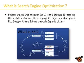 What is Search Engine Optimization ?
• Search Engine Optimization (SEO) is the process to increase
the visibility of a website or a page in major search engines
like Google, Yahoo & Bing through Organic Listing

 