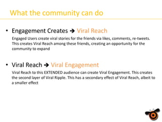 What the community can do
• Engagement Creates  Viral Reach
Engaged Users create viral stories for the friends via likes, comments, re-tweets.
This creates Viral Reach among these friends, creating an opportunity for the
community to expand

• Viral Reach  Viral Engagement
Viral Reach to this EXTENDED audience can create Viral Engagement. This creates
the second layer of Viral Ripple. This has a secondary effect of Viral Reach, albeit to
a smaller effect

 