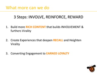 What more can we do
3 Steps: INVOLVE, REINFORCE, REWARD
1. Build more RICH CONTENT that builds INVOLVEMENT &
furthers Virality
2. Create Experiences that deepen RECALL and Heighten
Virality
3. Converting Engagement to EARNED LOYALTY

 