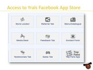 Access to Yrals Facebook App Store
A host of utility-driven Facebook apps from our
App Store will create deeper Fan-involvement and
augment various product and business aspects of

your brand

 