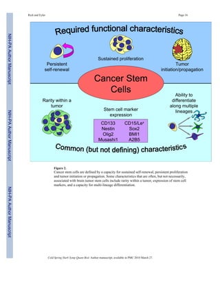 Rich and Eyler Page 16 
Figure 2. 
Cancer stem cells are defined by a capacity for sustained self-renewal, persistent proliferation 
and tumor initiation or propagation. Some characteristics that are often, but not necessarily, 
associated with brain tumor stem cells include rarity within a tumor, expression of stem cell 
markers, and a capacity for multi-lineage differentiation. 
Cold Spring Harb Symp Quant Biol. Author manuscript; available in PMC 2010 March 27. 
NIH-PA Author Manuscript NIH-PA Author Manuscript NIH-PA Author Manuscript 
