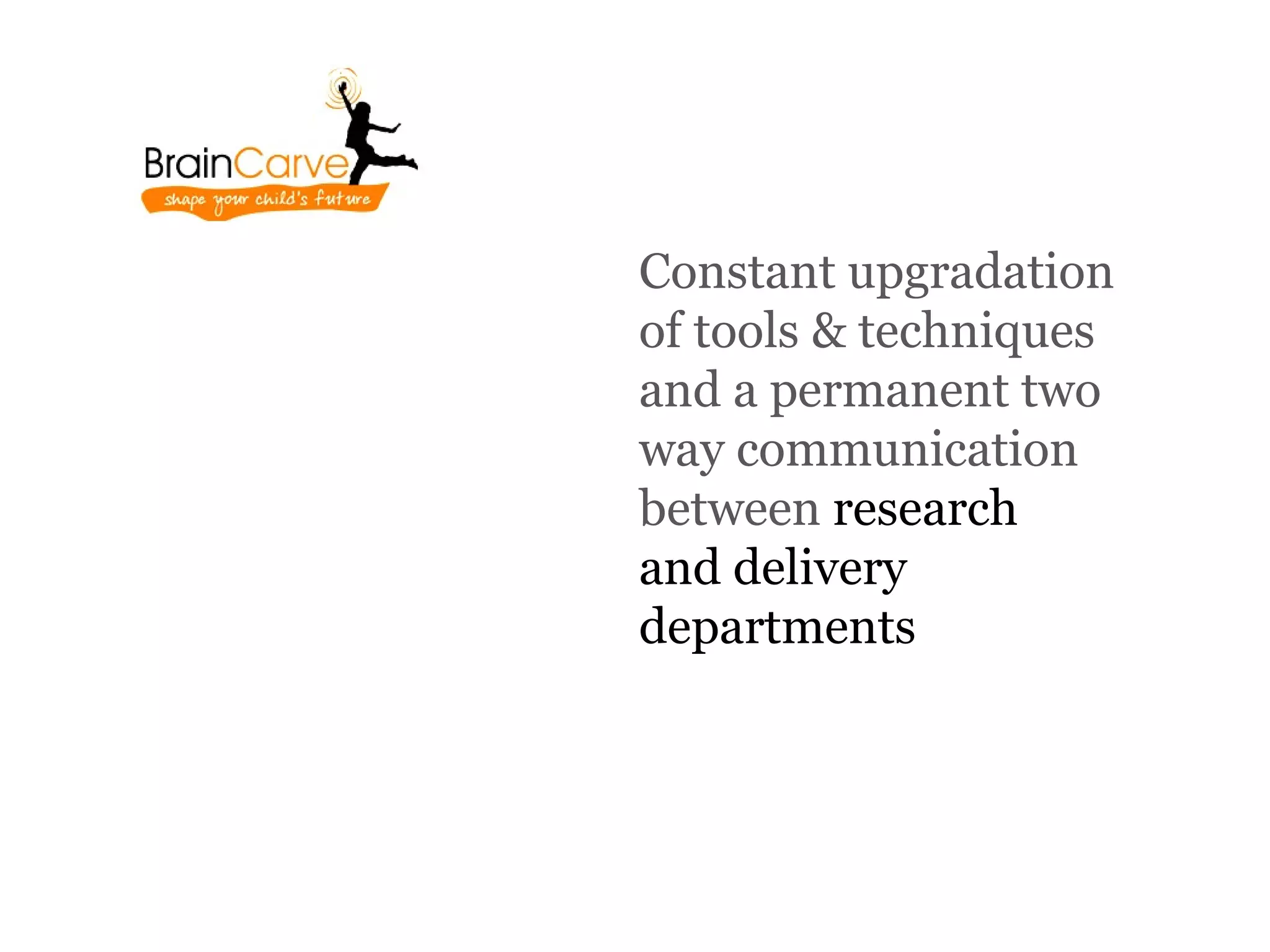 Constant upgradation
of tools & techniques
and a permanent two
way communication
between research
and delivery
departments
 