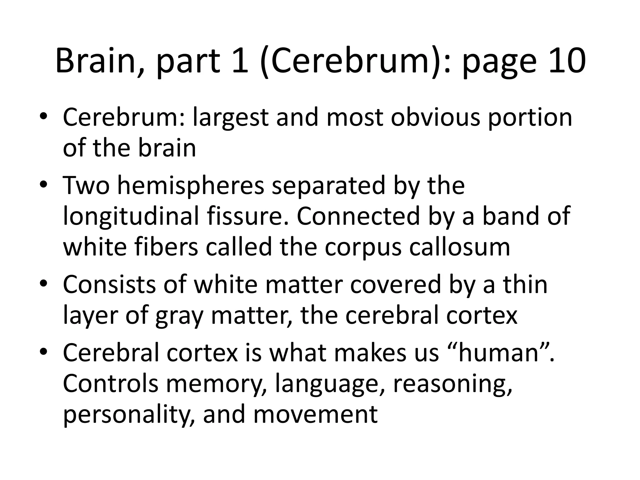 Brain, part 1 (Cerebrum): page 10
• Cerebrum: largest and most obvious portion
  of the brain
• Two hemispheres separated by the
  longitudinal fissure. Connected by a band of
  white fibers called the corpus callosum
• Consists of white matter covered by a thin
  layer of gray matter, the cerebral cortex
• Cerebral cortex is what makes us “human”.
  Controls memory, language, reasoning,
  personality, and movement
 