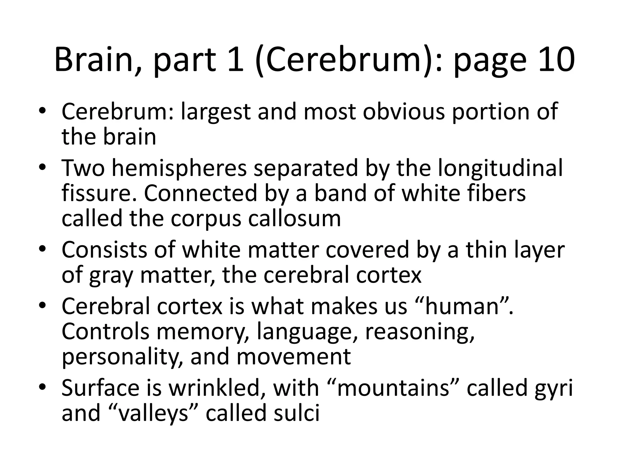 Brain, part 1 (Cerebrum): page 10
• Cerebrum: largest and most obvious portion of
  the brain
• Two hemispheres separated by the longitudinal
  fissure. Connected by a band of white fibers
  called the corpus callosum
• Consists of white matter covered by a thin layer
  of gray matter, the cerebral cortex
• Cerebral cortex is what makes us “human”.
  Controls memory, language, reasoning,
  personality, and movement
• Surface is wrinkled, with “mountains” called gyri
  and “valleys” called sulci
 