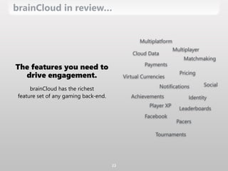 brainCloud in review…
23
The features you need to
drive engagement.
brainCloud has the richest 
feature set of any gaming back-‐end.
Multiplayer
Cloud Data
Payments
Pricing
Notifications
Leaderboards
Achievements
Player XP
Virtual Currencies
Matchmaking
Identity
Facebook
Pacers
Tournaments
Multiplatform
Social
 