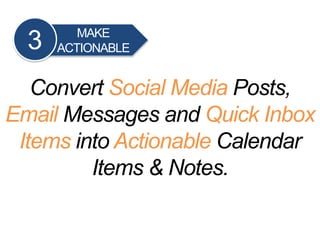MAKE
ACTIONABLE3
Convert Social Media Posts,
Email Messages and Quick Inbox
Items into Actionable Calendar
Items & Notes.
 