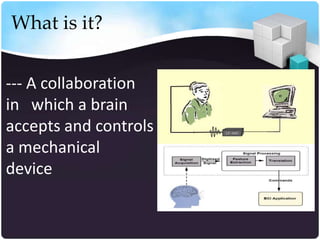 What is it?


--- A collaboration
in which a brain
accepts and controls
a mechanical
device
 