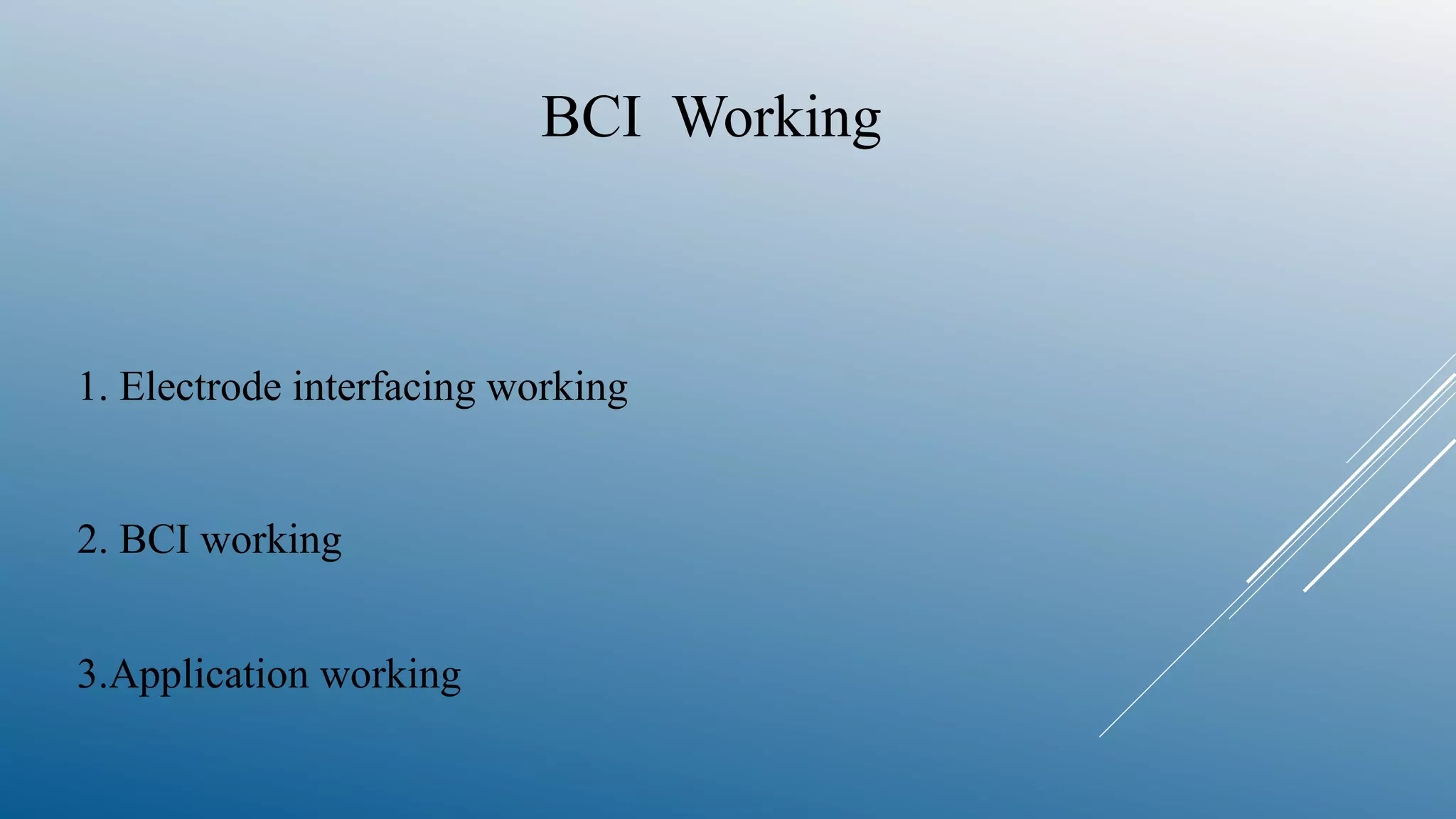BCI Working
1. Electrode interfacing working
2. BCI working
3.Application working
 