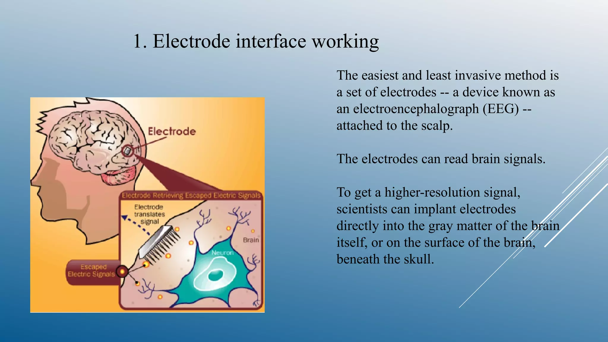 1. Electrode interface working
The easiest and least invasive method is
a set of electrodes -- a device known as
an electroencephalograph (EEG) --
attached to the scalp.
The electrodes can read brain signals.
To get a higher-resolution signal,
scientists can implant electrodes
directly into the gray matter of the brain
itself, or on the surface of the brain,
beneath the skull.
 