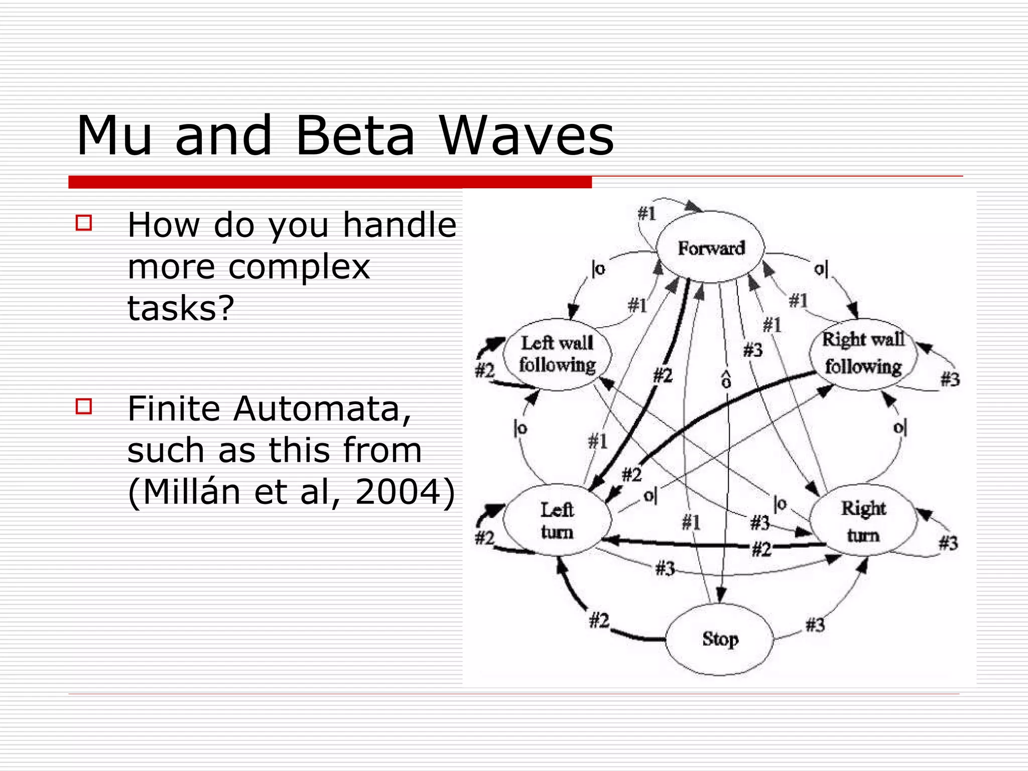 Mu and Beta Waves How do you handle more complex tasks? Finite Automata, such as this from (Millán et al, 2004) 