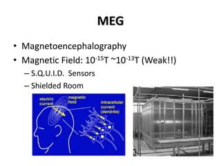 MEG
• Magnetoencephalography
• Magnetic Field: 10-15T ~10-13T (Weak!!)
– S.Q.U.I.D. Sensors
– Shielded Room
 