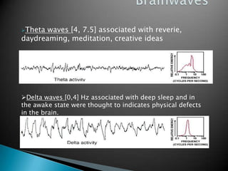 Theta

waves [4, 7.5] associated with reverie,
daydreaming, meditation, creative ideas

Delta waves [0,4] Hz associated with deep sleep and in
the awake state were thought to indicates physical defects
in the brain.

 