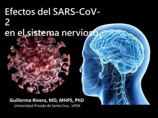 Efectos del SARS-CoV-
2
en el sistema nervioso
Guillermo Rivera, MD, MHPS, PhD
Universidad Privada de Santa Cruz , UPSA
 
