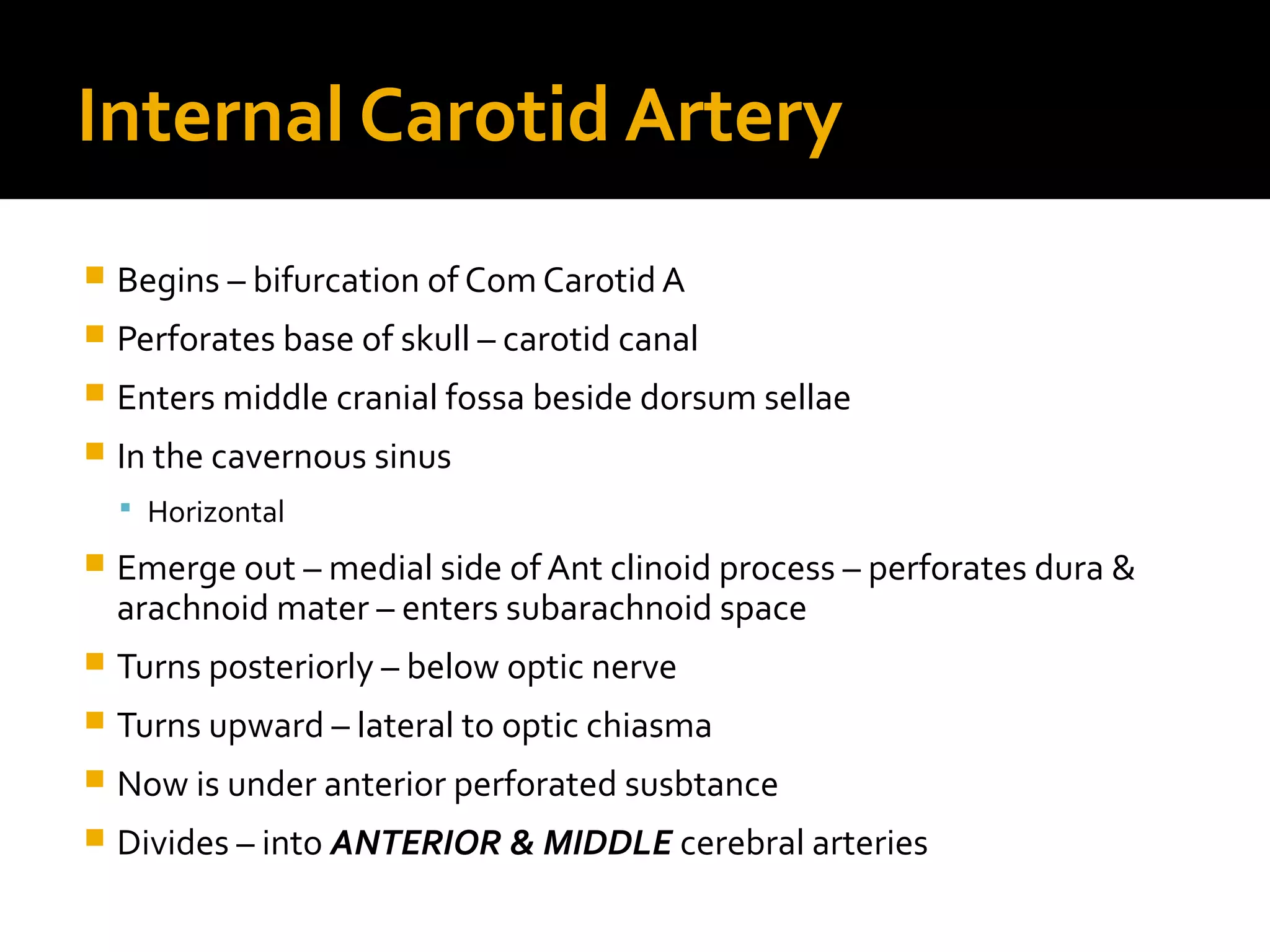 Internal Carotid Artery
 Begins – bifurcation of Com Carotid A
 Perforates base of skull – carotid canal
 Enters middle cranial fossa beside dorsum sellae
 In the cavernous sinus
 Horizontal
 Emerge out – medial side of Ant clinoid process – perforates dura &
arachnoid mater – enters subarachnoid space
 Turns posteriorly – below optic nerve
 Turns upward – lateral to optic chiasma
 Now is under anterior perforated susbtance
 Divides – into ANTERIOR & MIDDLE cerebral arteries
 
