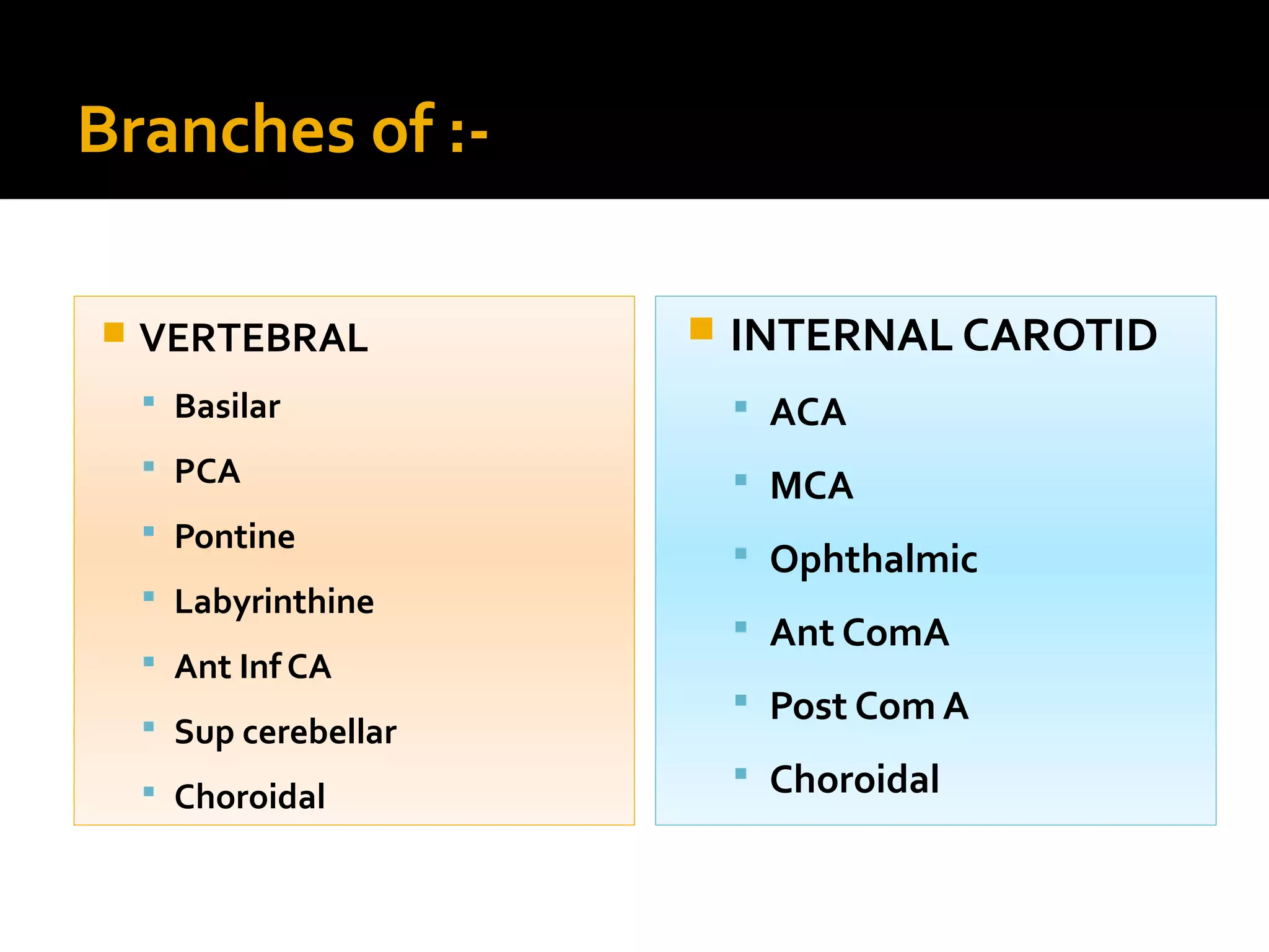 Branches of :-
 VERTEBRAL
 Basilar
 PCA
 Pontine
 Labyrinthine
 Ant Inf CA
 Sup cerebellar
 Choroidal
 INTERNAL CAROTID
 ACA
 MCA
 Ophthalmic
 Ant ComA
 Post Com A
 Choroidal
 