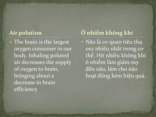 Air polution
 The brain is the largest
oxygen consumer in our
body. Inhaling poluted
air decreases the supply
of oxygen to brain,
bringing about a
decrease in brain
efficiency
 Não là cơ quan tiêu thụ
oxy nhiều nhất trong cơ
thể. Hít nhiều không khí
ô nhiễm làm giảm oxy
đến não, làm cho não
hoạt động kém hiệu quả.
Ô nhiễm không khí
 