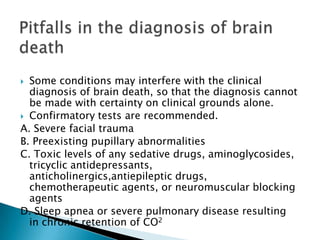 In step 3, the apnea test is performed; the disconnection of the ventilator and the use of apneic diffusion oxygenation require precautionary measures. The core temperature should be 36.5°C or higher, the systolic blood pressure should be 90 mm Hg or higher, and the fluid balance should be positive for six hours. After preoxygenation (the fraction of inspired oxygen should be 1.0 for 10 minutes), the ventilation rate should be decreased. The ventilator should be disconnected if the partial pressure of arterial oxygen reaches 200 mm Hg or higher and if the partial pressure of arterial carbon dioxide reaches 40 mm Hg or higher. The oxygen catheter should be at the carina (delivering oxygen at a rate of 6 liters per minute). The physician should observe the chest and the abdominal wall for respiration for 8 to 10 minutes and should monitor the patient for changes in vital functions. If there is a partial pressure of arterial carbon dioxide of 60 mm Hg or higher or an increase of more than 20 mm Hg from the normal base-line value, apnea is confirmed. ABP denotes arterial blood pressure, HR heart rate, RESP respirations, and SpO 2oxygen saturation measured by pulse oximetry.