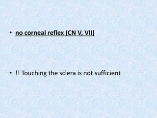 • no corneal reflex (CN V, VII)
• !! Touching the sclera is not sufficient
 