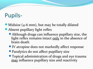 Pupils-
Midsize (4-6 mm), but may be totally dilated
Absent pupillary light reflex
Although drugs can influence pupillary size, the
light reflex remains intact only in the absence of
brain death
IV atropine does not markedly affect response
Paralytics do not affect pupillary size
Topical administration of drugs and eye trauma
may influence pupillary size and reactivity
 