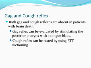 Gag and Cough reflex-
Both gag and cough reflexes are absent in patients
with brain death
Gag reflex can be evaluated by stimulating the
posterior pharynx with a tongue blade.
Cough reflex can be tested by using ETT
suctioning
 