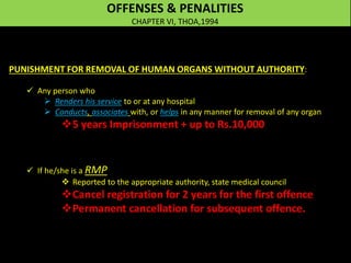 OFFENSES & PENALITIES
CHAPTER VI, THOA,1994
PUNISHMENT FOR REMOVAL OF HUMAN ORGANS WITHOUT AUTHORITY:
 Any person who
 Renders his service to or at any hospital
 Conducts, associates with, or helps in any manner for removal of any organ
5 years Imprisonment + up to Rs.10,000
 If he/she is a RMP
 Reported to the appropriate authority, state medical council
Cancel registration for 2 years for the first offence
Permanent cancellation for subsequent offence.
 