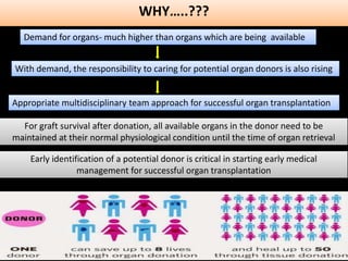 Demand for organs- much higher than organs which are being available
With demand, the responsibility to caring for potential organ donors is also rising
Appropriate multidisciplinary team approach for successful organ transplantation
WHY…..???
For graft survival after donation, all available organs in the donor need to be
maintained at their normal physiological condition until the time of organ retrieval
Early identification of a potential donor is critical in starting early medical
management for successful organ transplantation
 