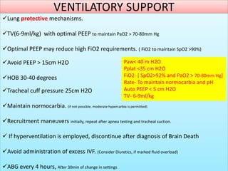VENTILATORY SUPPORT
Lung protective mechanisms.
TV(6-9ml/kg) with optimal PEEP to maintain PaO2 > 70-80mm Hg
Optimal PEEP may reduce high FiO2 requirements. ( FiO2 to maintain SpO2 >90%)
Avoid PEEP > 15cm H2O
HOB 30-40 degrees
Tracheal cuff pressure 25cm H2O
Maintain normocarbia. (if not possible, moderate hypercarbia is permitted)
Recruitment maneuvers initially, repeat after apnea testing and tracheal suction.
 If hyperventilation is employed, discontinue after diagnosis of Brain Death
Avoid administration of excess IVF. (Consider Diuretics, if marked fluid overload)
ABG every 4 hours, After 30min of change in settings
Paw< 40 m H2O
Pplat <35 cm H2O
FiO2- [ SpO2>92% and PaO2 > 70-80mm Hg]
Rate- To maintain normocarbia and pH
Auto PEEP < 5 cm H2O
TV- 6-9ml/kg
 