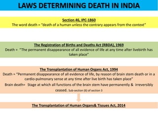LAWS DETERMINING DEATH IN INDIA
The Registration of Births and Deaths Act (RBDA), 1969
Death = “The permanent disappearance of all evidence of life at any time after livebirth has
taken place”
Section 46, IPC-1860
The word death = “death of a human unless the contrary appears from the context”
The Transplantation of Human Organs Act, 1994
Death = “Permanent disappearance of all evidence of life, by reason of brain stem death or in a
cardio-pulmonary sense at any time after live birth has taken place”
Brain death= Stage at which all functions of the brain stem have permanently & irreversibly
ceased. Sub-section (6) of section 3
The Transplantation of Human Organs& Tissues Act, 2014
 