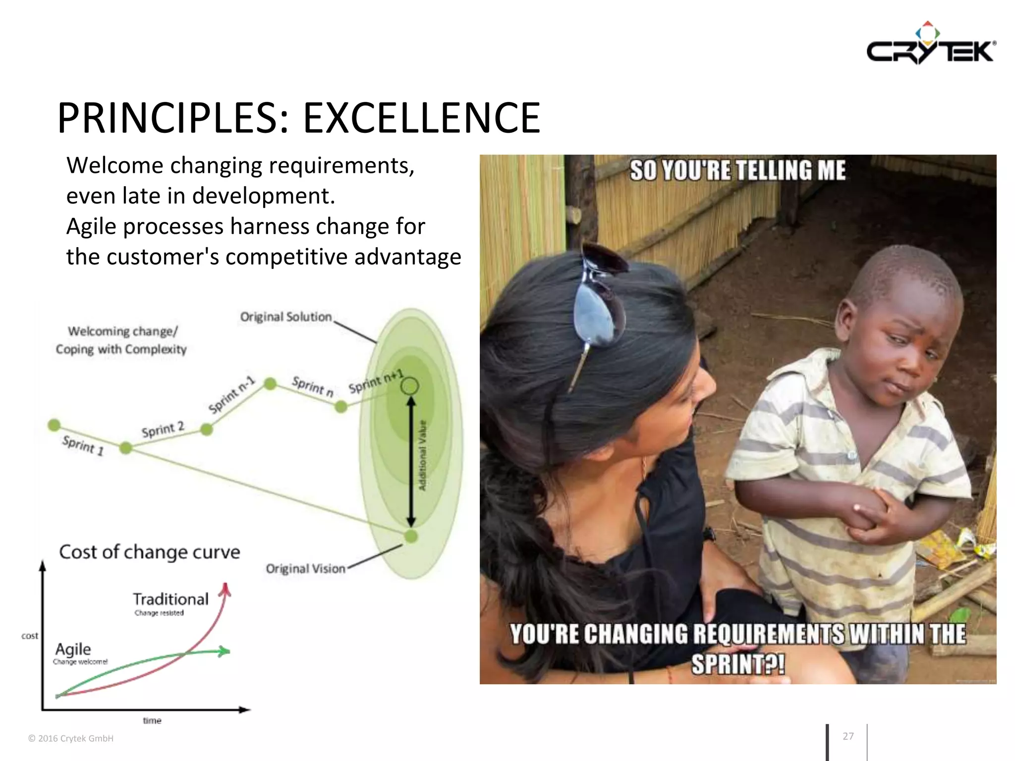 © 2016 Crytek GmbH 27
PRINCIPLES: EXCELLENCE
Welcome changing requirements,
even late in development.
Agile processes harness change for
the customer's competitive advantage
 