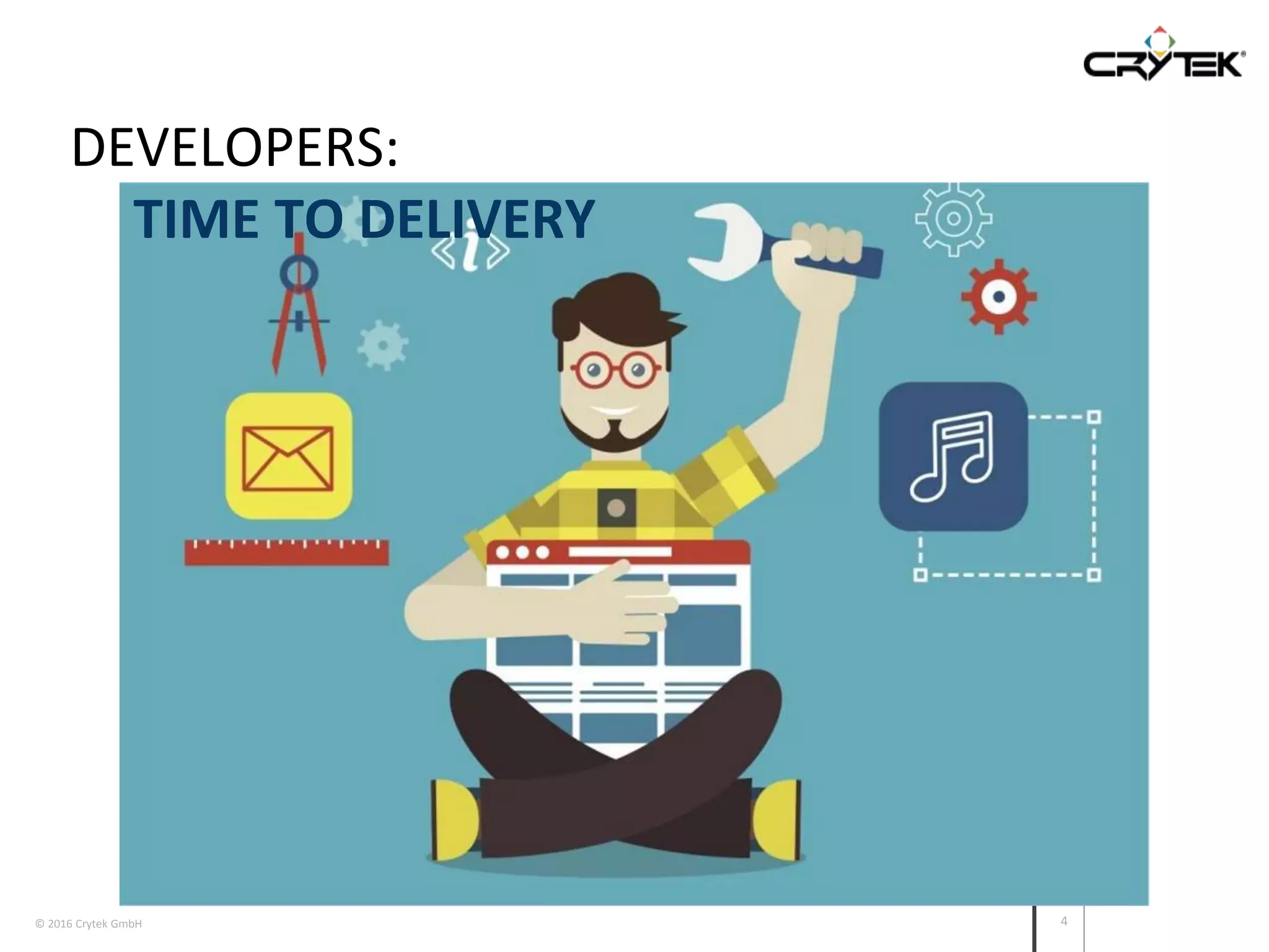 © 2016 Crytek GmbH 4
DEVELOPERS:
TIME TO DELIVERY
 