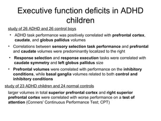 Executive function deficits in ADHD
children
study of 26 ADHD and 26 control boys
• ADHD task performance was positively correlated with prefrontal cortex,
caudate, and globus pallidus volumes
• Correlations between sensory selection task performance and prefrontal
and caudate volumes were predominantly localized to the right
• Response selection and response execution tasks were correlated with
caudate symmetry and left globus pallidus size
• Prefrontal volumes were correlated with performance on the inhibitory
conditions, while basal ganglia volumes related to both control and
inhibitory conditions
study of 23 ADHD children and 24 normal controls
larger volumes in total superior prefrontal cortex and right superior
prefrontal cortex were correlated with worse performance on a test of
attention (Conners' Continuous Performance Test; CPT)
 