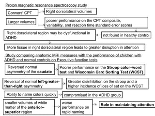 Proton magnetic resonance spectroscopy study
Conners' CPT Right dorsolateral volumes
Larger volumes poorer performance on the CPT composite,
variability, and reaction time standard error scores
not found in healthy control
Right dorsolateral region may be dysfunctional in
ADHD
More tissue in right dorsolateral region leads to greater disruption in attention
Study comparing anatomic MRI measures with the performance of children with
ADHD and normal controls on Executive function tests
Reversed normal
asymmetry of the caudate
Poorer performance on the Stroop color–word
test and Wisconsin Card Sorting Test (WCST)
Reversal of normal left-greater-
than-right asymmetry
Greater disinhibition on the stroop and a
higher incidence of loss of set on the WCST
Ability to name colors quickly compromised in the ADHD group
smaller volumes of white
matter of the anterior–
superior region
worse
performance on
rapid naming
Role in maintaining attention
 