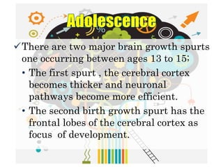 There are two major brain growth spurts
one occurring between ages 13 to 15;
• The first spurt , the cerebral cortex
becomes thicker and neuronal
pathways become more efficient.
• The second birth growth spurt has the
frontal lobes of the cerebral cortex as
focus of development.
 